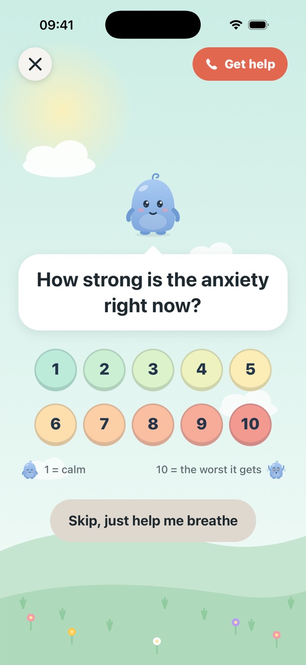 Luma asks “How strong is the anxiety right now?” with ten colourful bubbles from 1 to 10.