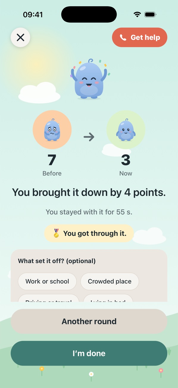 A results screen: Luma celebrating, a worried face at 7 and a calm face at 3, and “You brought it down by 4 points.”
