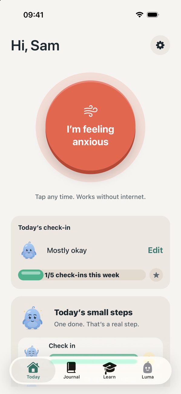 The Breatheasy home screen: a big coral “I’m feeling anxious” button, today’s check-in and small daily steps.