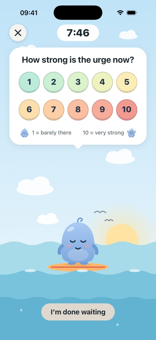 A check-in during the wait: “How strong is the urge now?” with ten bubbles.