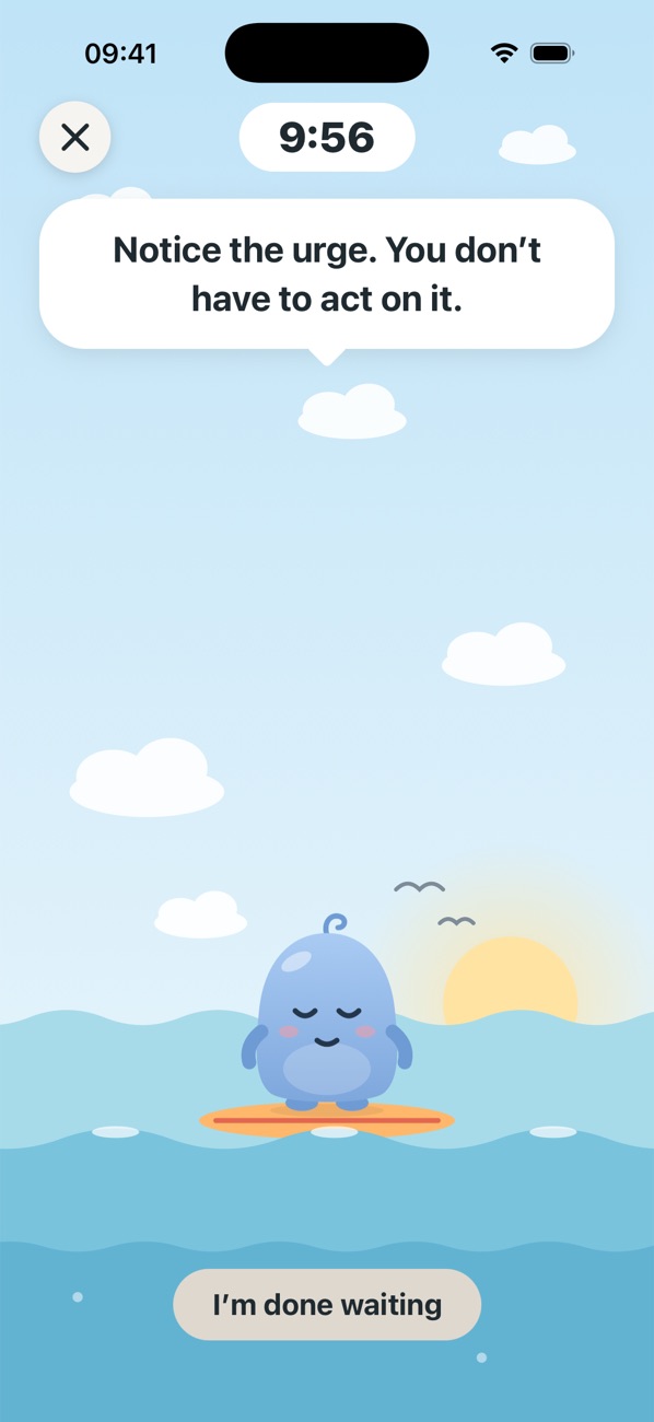 Luma surfing a calm cartoon sea, with a timer and the words “Notice the urge. You don’t have to act on it.”